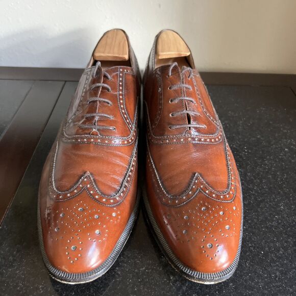 SALVATORE FERRAGAMO Men's Wingtip Oxford Leather Shoes 11 B Cognac Brown Italy - Picture 4 of 16